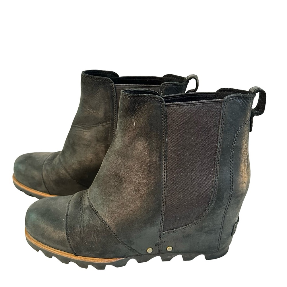 SOREL Lea Wedge Ankle Boots Leather Pull On Booties Black NL2334